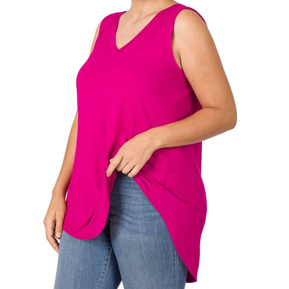 PLUS LUXE RAYON SLEEVELESS V-NECK HI-LOW HEM TOP